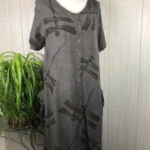 NWOT Vintage Handmade dragonfly print short sleeve long maxi dress with pockets